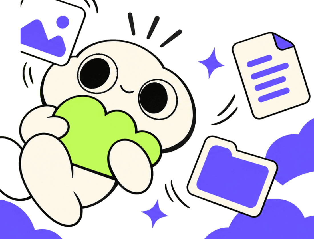 The stor.free cloud mascot hugging a lime cloud, surrounded by photo, document and folder characters