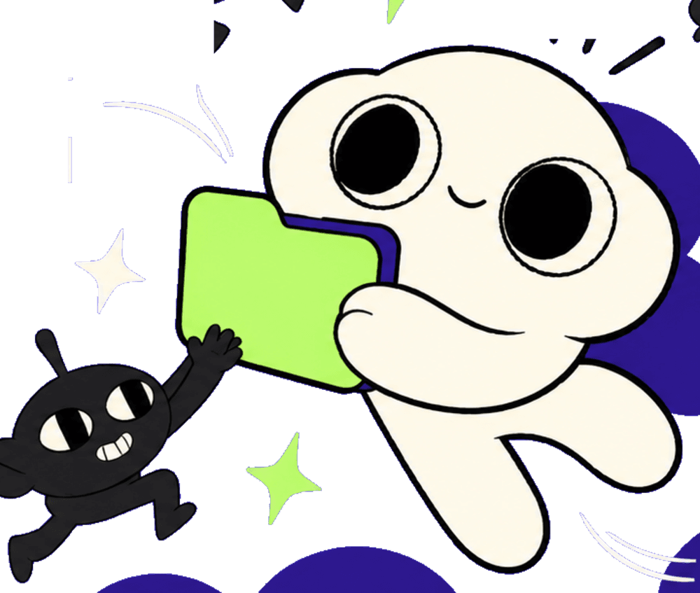 The cloud mascot passing a lime folder to a friend